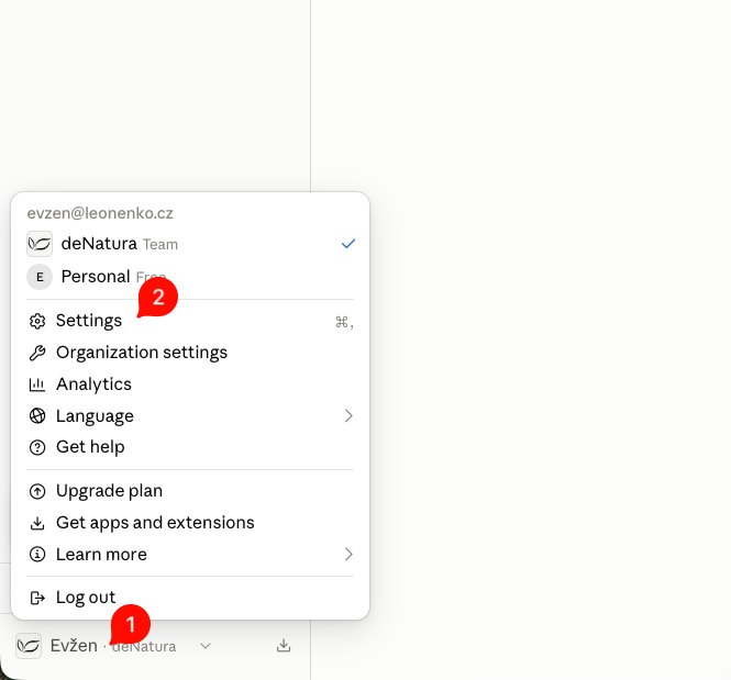 Profilové menu Claude se zvýrazněnou položkou Settings